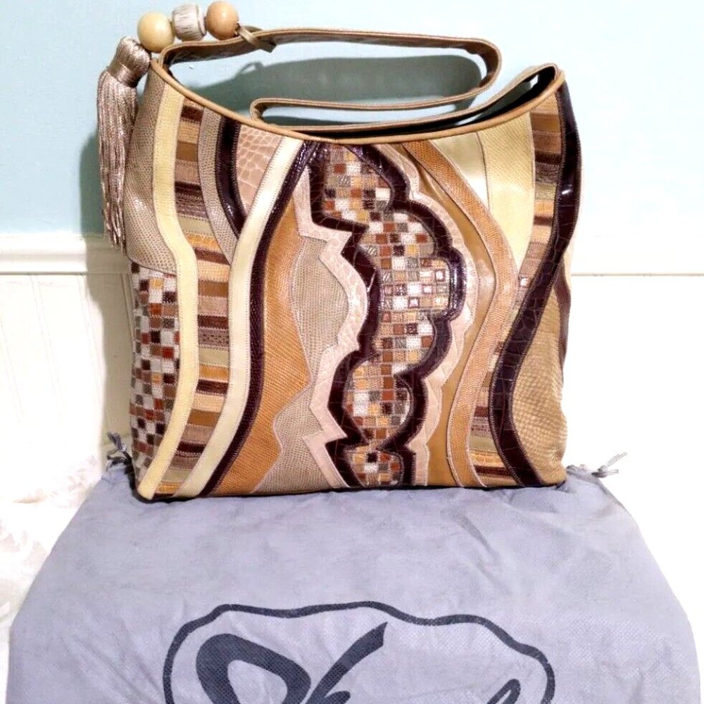 NEW Sharif BOHO WESTERN Beige Brown Patchwork 100% Croc Leather Shoulder Bag